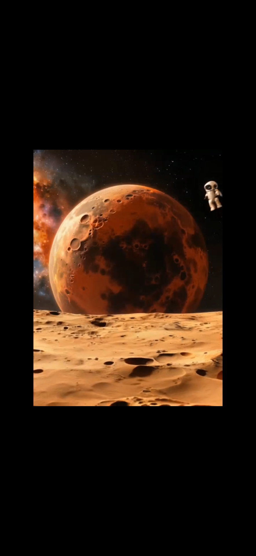 A small astronaut beside a vast red world