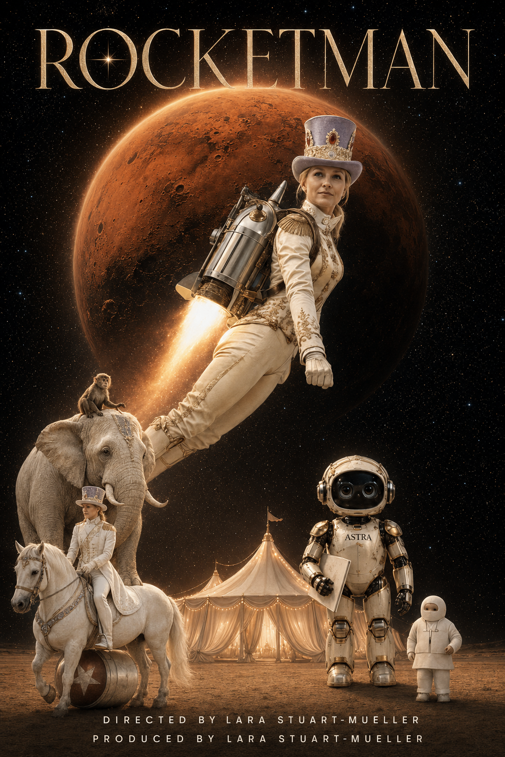 Rocketman poster: the ringmaster flying with a jetpack toward Mars alongside Astra the robot, an elephant and a white horse