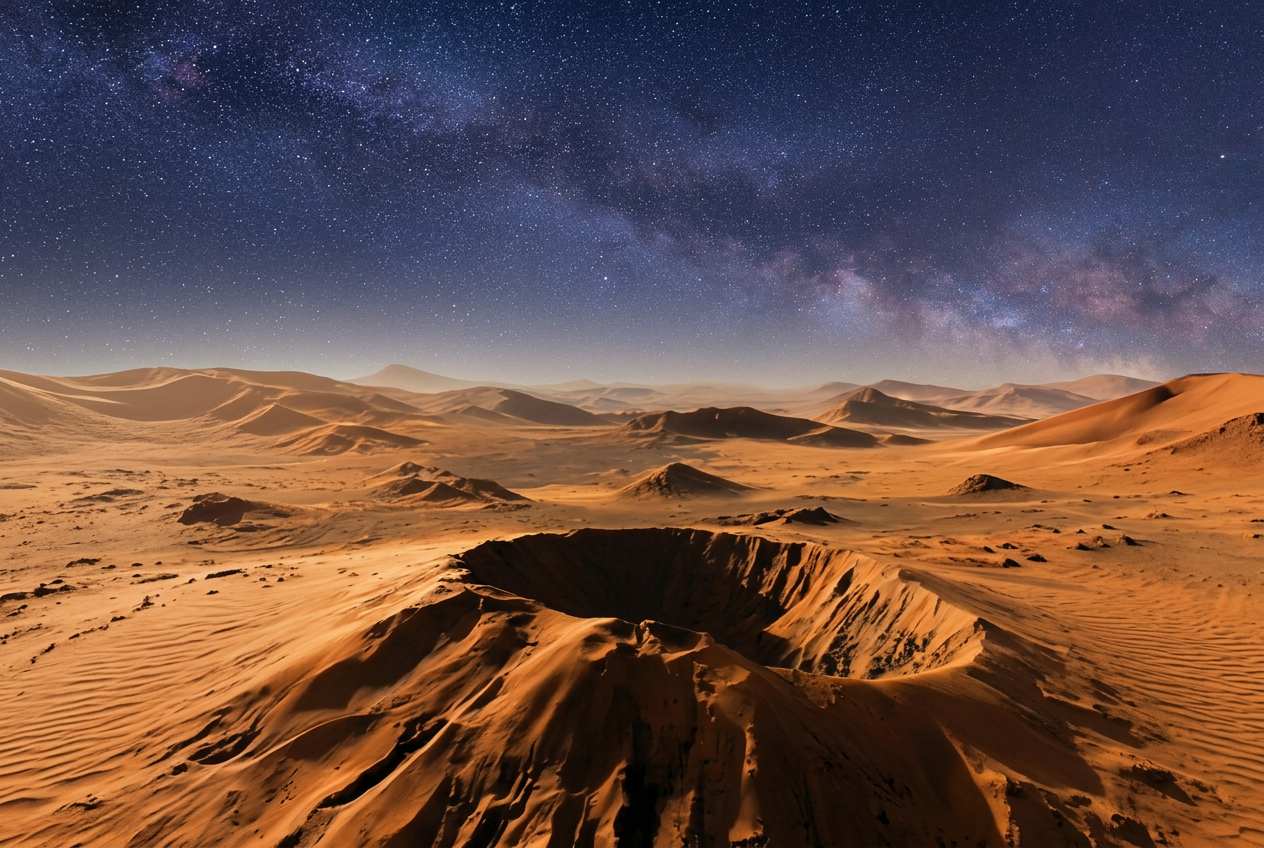 Martian desert at dusk with a wide crater under a starfield