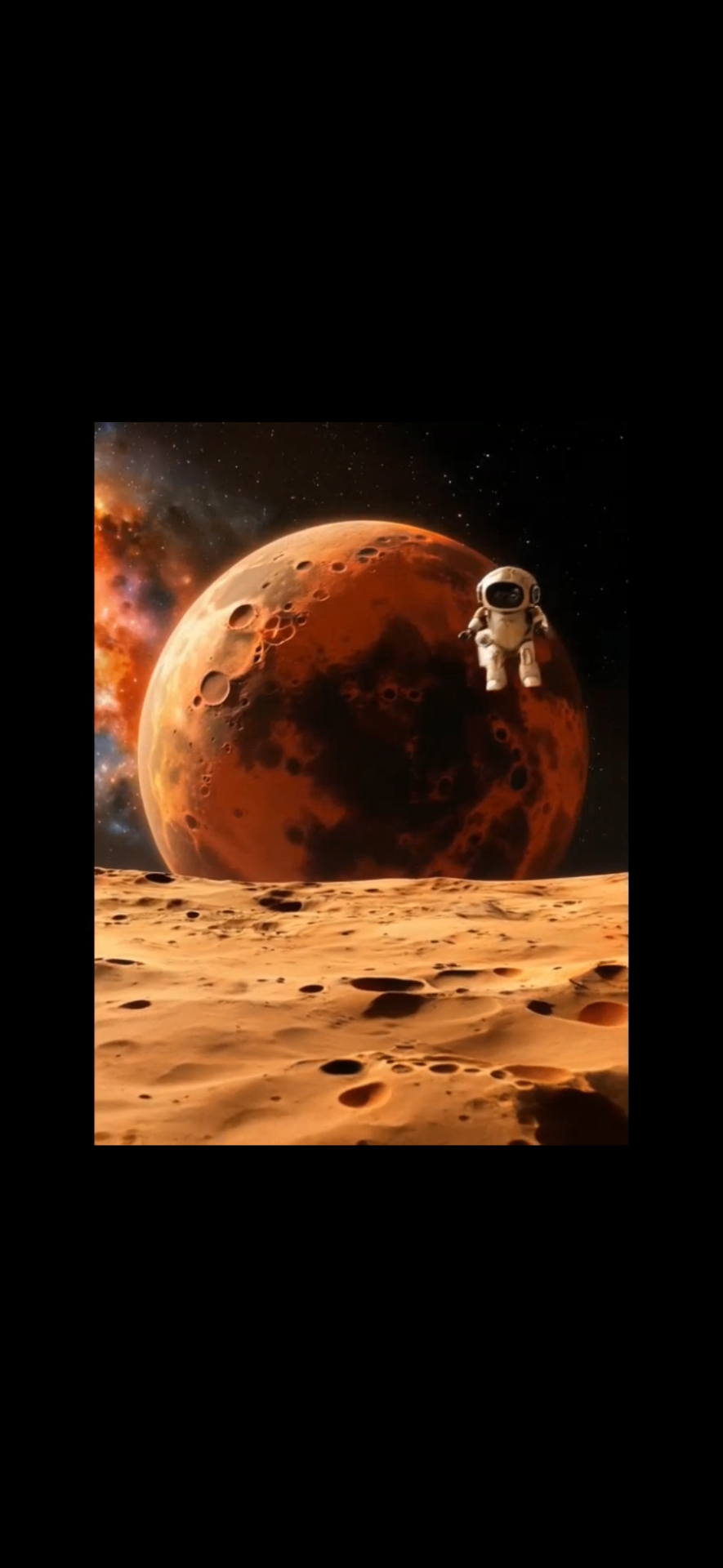 A small astronaut hangs above the red moon