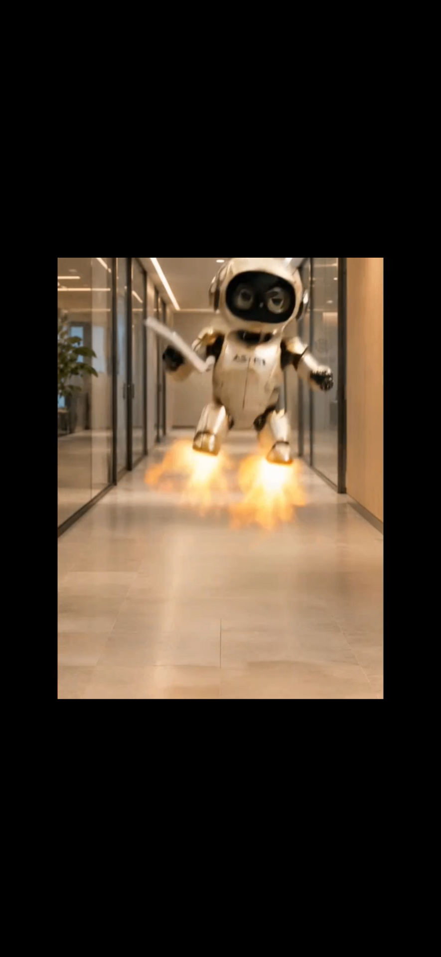 Astra airborne between the glass walls