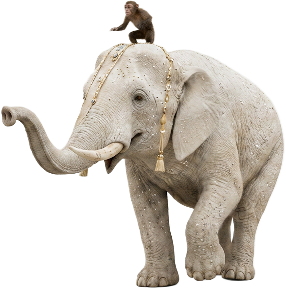 The white circus elephant with a monkey on its head walking toward the camera