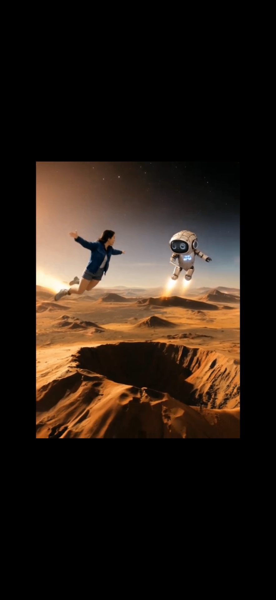 Human and robot in flight above the crater