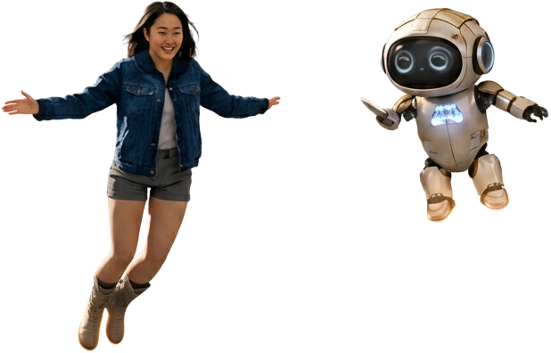 The woman and Astra the robot hovering on jet thrust