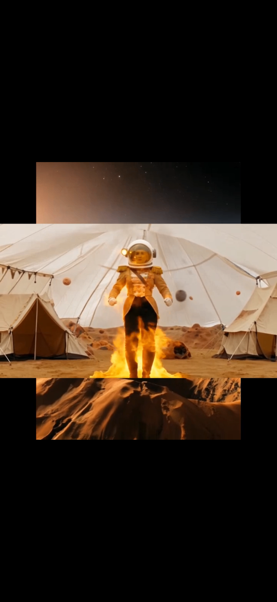 Fire on the ground, helmet on, boots first