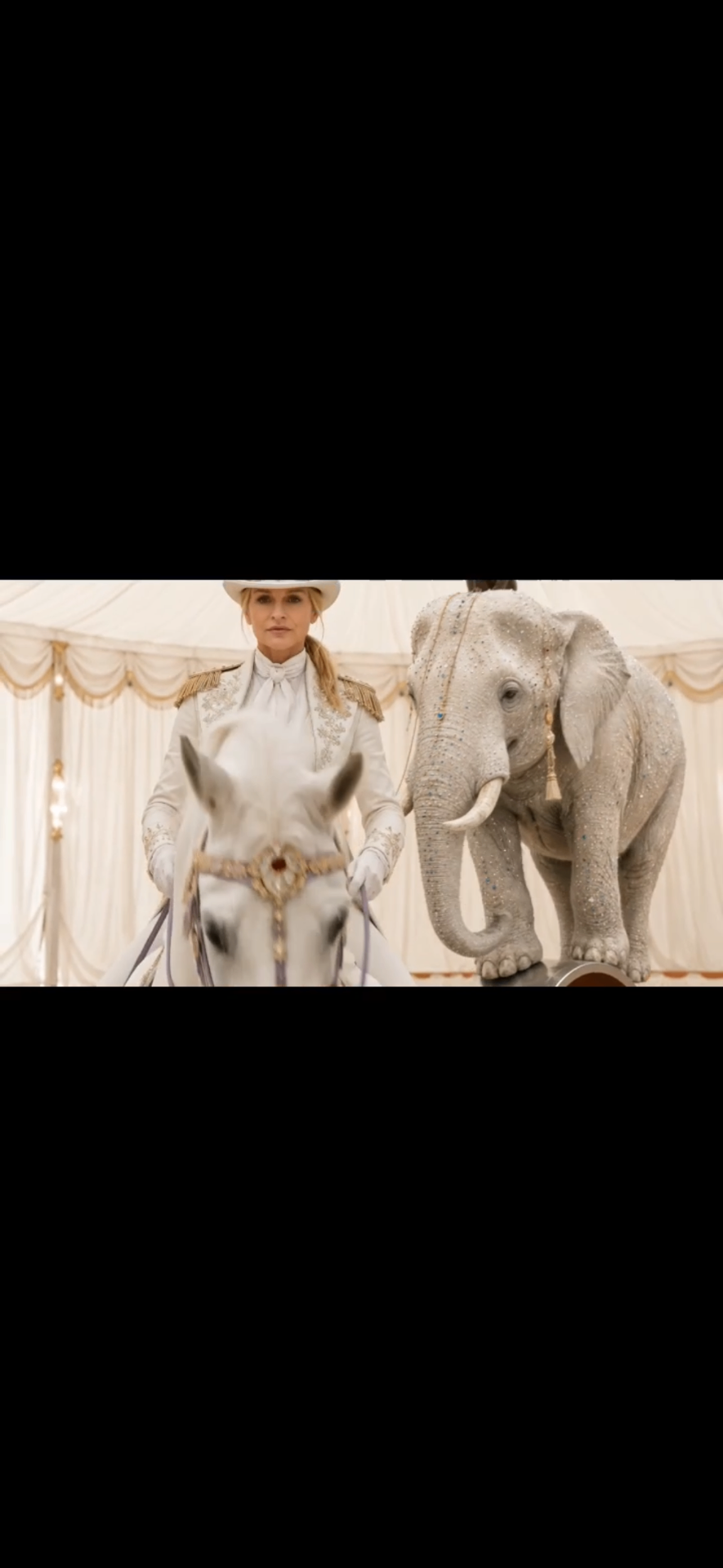 Close on the ringmaster, horse and elephant